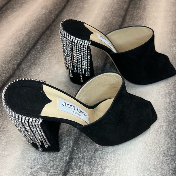 Jimmy Choo Baia 100 mm Black Suede Crystal Drape Mule Heels - Picture 3 of 12
